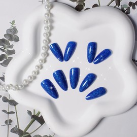 Royal Blue Glitter Press on Nails Almond Shaped Sparkle Medium Almond Nails Press on Acrylic Nails Reusable Fake Nails for Women Glue on Nails Medium Length with Bling Glam Design Stiletto False Nails