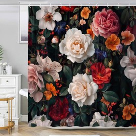 Emwnodti Floral Shower Curtain, Boho Flowers Black Dark Bathroom Decor Shower Curtain Sets, Waterproof Fabric Bathroom Curtain with Hooks, 72 x 72 inch