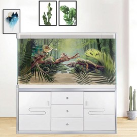 Dtekoj 48X18IN Tropical Forest Terrarium Background, Natural Green Forest Tree Reptile Habitat Background, Misty Rainforest Aquarium Background, with 8 EVA Double-Sided Tape