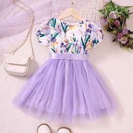 Casual Wear Girls Layered Tutu Dress Age 2-3 Years Soft Breathable Summer Purple Dress with Tulle Skirt 3t(Purple1321, 100)