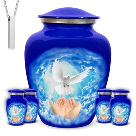 Eternal Love Dove Cremation Urn for Ashes Adult Male & Female Set of 6 with 1 Large Decorative Funeral Urns for Human Ashes Adult Man or Women 4 Keepsakes & 1 NecklaceUrn for Upto 220lbs