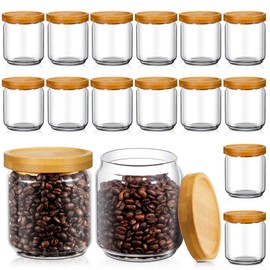 Irenare 16 Pack Glass Containers Canister Set, 17 oz Food Storage Spice Jars with Airtight Lids, Clear Kitchen Containers for Coffee Sugar Tea Beans Nuts Candy Pantry Organization (Bamboo)