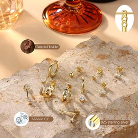 JeweBella 5 Pairs Sterling Silver Earrings for Women 14K Gold Plated Earrings Stack Hypoallergenic Small Silver Studs Hoop Earrings Sleeper Cartilage Earrings Sets for Multiple Piercing