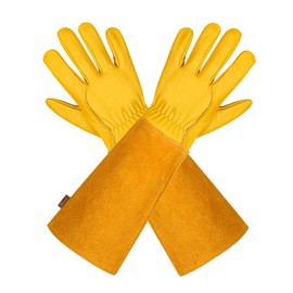 Leather Gauntlet Gardening Gloves for Women and Men, Breathable Rose Pruning Gloves with Thorn Proof Gauntlet, Long Durable Cowhide Sleeves Garden Gloves Work for Gardener and Farmer(M,Yellow)