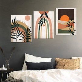 Framed Boho Wall Art Set of 3 Minimalist Wall Pictures Abstract Botanical Geometric Canvas Prints Mid Century Modern Wall Decor for Living Room Bedroom Home Office 16"x24"x3 Pcs