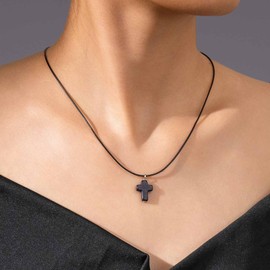 Xduargs Boho Cross Pendant Necklace Black Acrylic Cross Necklace Vintage Leather Cross Choker Necklace Cross Waterproof Wax Rope Necklace Jewelry for Women