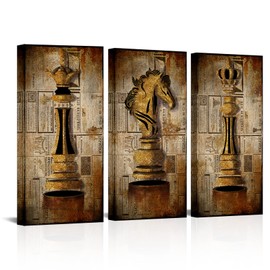 VANSEEING 3 Pieces Chess Canvas Wall Art Vintage King and Knight Painting Prints Artwork for Wall Decor Game Picture for Chess Club Guest Room Home Office 16x32inchx3pcs