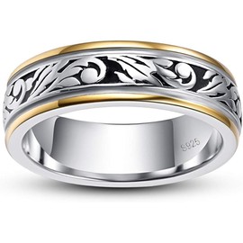 AVECON 925 Sterling Silver Wedding Band Ring for Men Women Unisex Vintage Floral Vine, Silver Gold Two Tone, Size 7