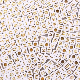 Acrylic Letter Beads Alphabet Gold Letters White Cube Bead, 6×6mm 1200pcs, for Friendship Bracelets and Gifts Souvenir Jewelry Making