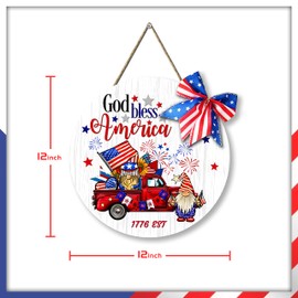 God Bless America Patriotic Door Sign 4th of July Hanging Decoration Red Truck Design with Bow Round Wooden Sign for Outdoor Indoor Porch Home Wall Decor