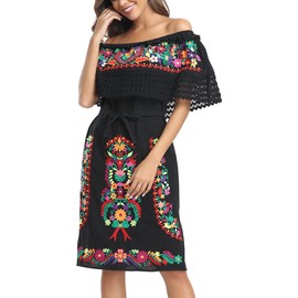 Women's 2024 Embroidered Summer Dress Lace Casual Ruffle Off-Shoulder Sleeveless Dress Boho Flowy Dress (L, 321BK3)