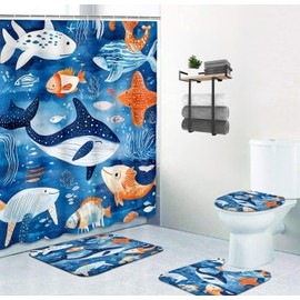 ubcindy 4 Pcs Cartoon Whale Fishs Blue Ocean Animal Shower Curtain Sets with Non-Slip Rugs, Bath Mat and Toilet Lid Cover, 71" x 71" Waterproof Shower Curtain with 12 Hooks, Kids Bathroom Decor Sets