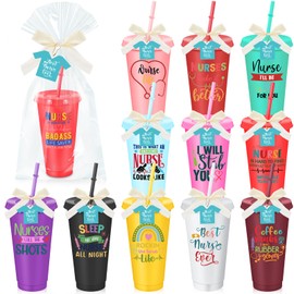 Teenyyou 12 Sets Nurse Day Appreciation Cups with Straws and Lids, Bulk Nurse Week tumbler Gifts,24 oz Reusable Plastic Cups, Multicolor Water Bottles for Graduation Season(Soft)