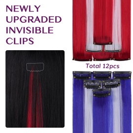 IDN BEAUTY Colored Clip in Hair Extension, 12PCS Red Blue White 24Inch Multicolored Deep Purple Mix Synthetic Hair Pieces for Women Kids Girls, Hair Accessories for Party Cosplay Travel Birthday