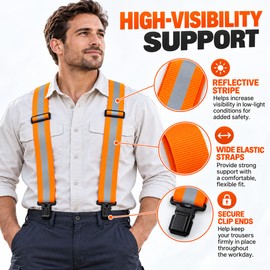 Men's Fluorescent Work Suspenders 5cm Wide Adjustable Elastic X-Back Braces with 4 Clips for Work Pants & Outdoor Wear
