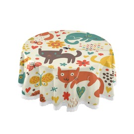 JUMBEAR Round Tablecloth Polyester Circular Table Cloth Beautiful Water Resistant Spill Proof Large Table Cover for Dining Kitchen Party 60inch (cat)