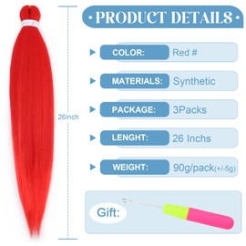 WacanDan Red Braiding Hair Pre stretched 26 Inch 3 Packs, Professional Soft Yaki Texture Long Braid Extensions, Hot Water Setting for Box Braids Twist & Crochet Braids