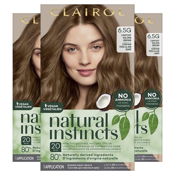 Clairol Natural Instincts Semi-Permanent Hair Color, 6.5G Lightest Golden Brown, 3 Count