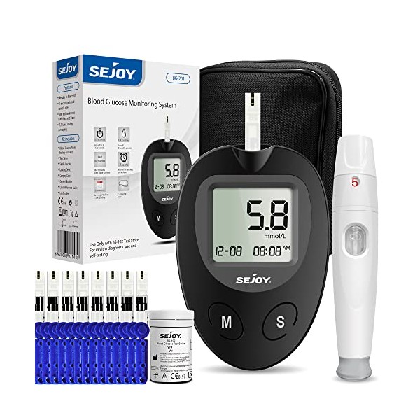 Sejoy Blood Glucose Monitors, Blood Sugar Monitor nhs Approved UK, Blood Sugar Test Kit, Glucose Meter Device with 50 Test Strips and 50 Lancets & Case, Glucometer for Home Use Diabetics in mmol/L