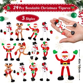 Meooeck 24 Pieces Christmas Holiday Character Christmas Bendable Figures Reindeer Snowman Santa Claus Toy for Christmas Party Favors Classroom Prizes Goodie Bag Stocking Stuffers, 3 Assorted Styles