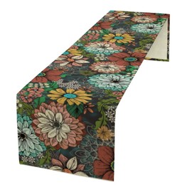Boho Floral Table Runner ,Colorful Flower Retro Bohemian Floral Kitchen Dining Table Decoration Botanical for Indoor Outdoor Home Party Table Decor , 13 x 36 Inch