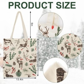 Whaline Christmas Canvas Tote Bags Elk Pine Cone Needle Branch Berry Grocery Shopping Bag Christmas Reusable Gift Goodie Bag for Gifts Wrapping Storage