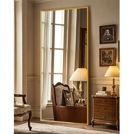 Delma Full Length Standing Mirror,Large Floor Mirror with Aluminum Frame for Bedroom, Bathroom, Living Room,Wall Mount or Freestanding Design(with Stand,Rect 75x35-Gold)