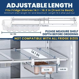 TidyFriend Refrigerator Egg Drawer 14"x7.5"x3.95" – Snap-On Egg Holder with Pull-Out Drawer, Holds 18 Eggs, Fits Flat Fridge Shelves 14.1–16.3 in Long and 0.93–1.32 in Thick