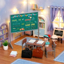 NOLITOY Miniature Dollhouse School Desk Chair Set - Mini Classroom Furniture Model with Blackboard Book Schoolbag - Dollhouse Accessories for Decoration and Collectors