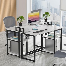 GreenForest White Computer Desk, 40 inch Small Office Desk with Power Outlets, Work Desk with Reversible Storage Shelves, Writing Desk with Monitor Stand, Modern Study Table, White