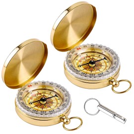 Pack of 2 Children's Compass, Pocket Compass, Children's Compass, Outdoor Compass, Pocket Compass Made of Brass with Fluorescence for Hiking, Camping and Other Outdoor Activities (Golden/Whistle)