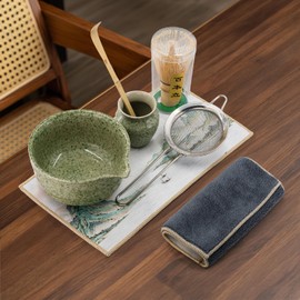 Aijohnny Matcha Whisk Set with Matcha Bowl, Bamboo Whisk (Chasen), Whisk Holder, Tea Scoop (Chashaku), Sifter, Tea Cloth - 6 PCS Matcha Tea Set for Ceremony, Matcha Tea Lover Gift (Auroral Green)