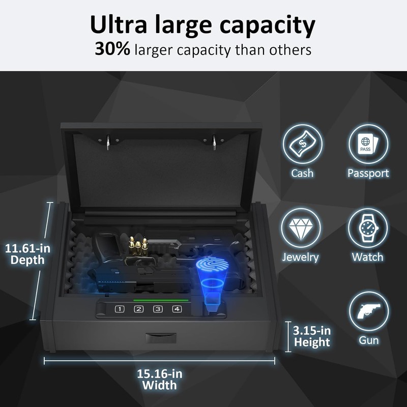 [ 30% Larger capacity ]Gun Safe for Pistols, Biometric Handgun