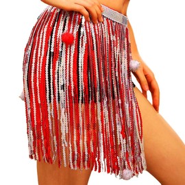 Ushiny Christmas Sequin Skirt Red Tassel Skirts Xmas Rave Festival Outfit for Women, red