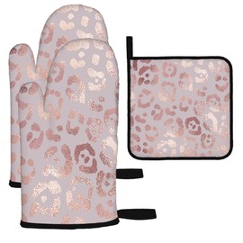 Mxocom Rose Gold Leopard Oven Mitts and Pot Holders Sets of 3 BBQ Gloves for Kitchen,Cooking,Baking,Grilling Resistant Hot Pads for Women