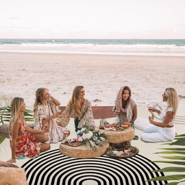 Bohemian Beach Blanket Waterproof Sandproof, 110''×118'' Oversized Sand Free Beach Mat 8 Adults, Polyester Lightweight Compact Picnic Blanket w/ 4 Stakes for Travel, Camping, Hiking - Rainbow Leaves