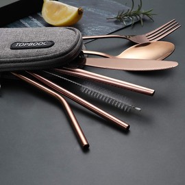 Portable Stainless Steel Flatware Set, Travel Camping Cutlery Set, Portable Utensil Travel Silverware Dinnerware Set with a Waterproof Case (Rose Gold)