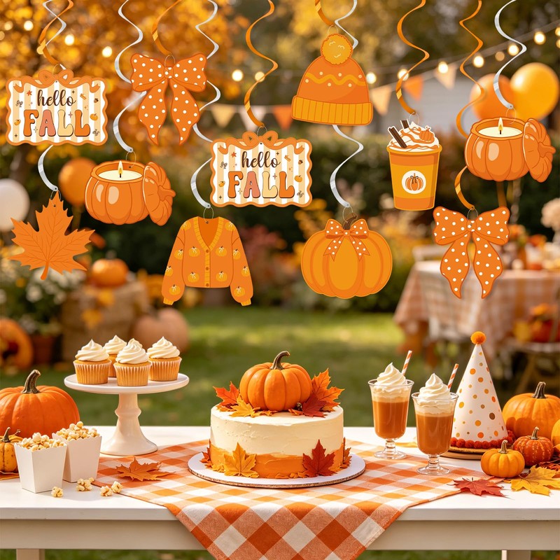 Fall Hanging Swirls Decorations, Bow Pumpkin Hello Fall Party Decorations,