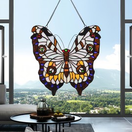 bwkoiujes Brown Butterfly Stained Glass Window Hanging Tiffany Animal Style Stained Glass Suncatcher Wall Decor Art Panel 12" Include 20" Chain and Hooks The Perfect Housewarming Gift