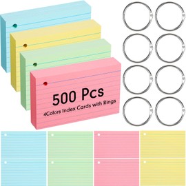 500 Pcs Index Cards with Holes Punched Lined Flash Cards with Rings Metal Rings for Index Cards Ruled Single Hole Note Cards with Rings for Adults Kids Home Classroom Office (Patel Color, 3 x 5 Inch)