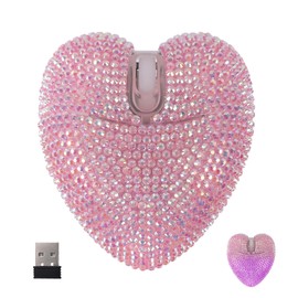 Wireless Mouse Bluetooth Cute Bling Crystal Rhinestone Pink Heart Shape Computer Mice with LED Light 2.4GHz & Bluetooth 1000DPI Rechargeable USB Cordless Mouse for Laptop PC Tablet Kids Adults Gift