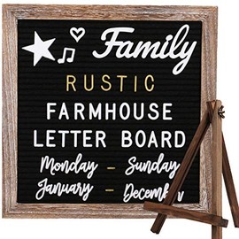 Brown Frame Farmhouse Rustic Black Felt Letter Board 10x10 Inches with Stand Easel + 748 Pre-cut Letters + 11 Cursive Words Shabby Chic Wood Changeable Message Board with Letters (White & Metal Gold)
