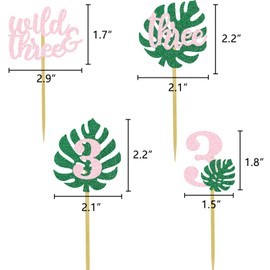 DOMOO OF DREAMS Safari Wild Three Cupcake Topper 3rd Birthday Party Decoration For Girl Jungle Glitter Tropical Leaf Food Picks Pink 3