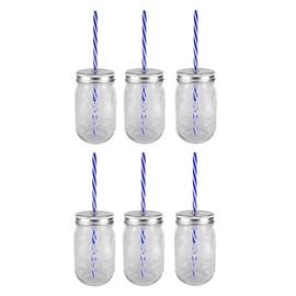 Sunshine Mason Co. Glass Mason Jar Set with Silver Lids and Blue Stripe Straws, Set of 6