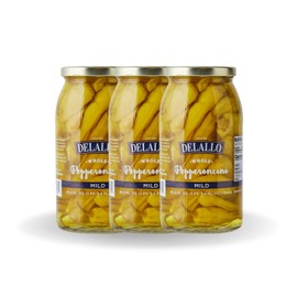 DeLallo Mild Whole Pepperoncini Peppers, 25.5 Ounce Jar, 3 Pack, Pickled Vegetables in Tangy Brine, Gourmet Jarred Peppers, Antipasto, Grown in Greece, 100% Cured, Non-GMO, Packed Fresh
