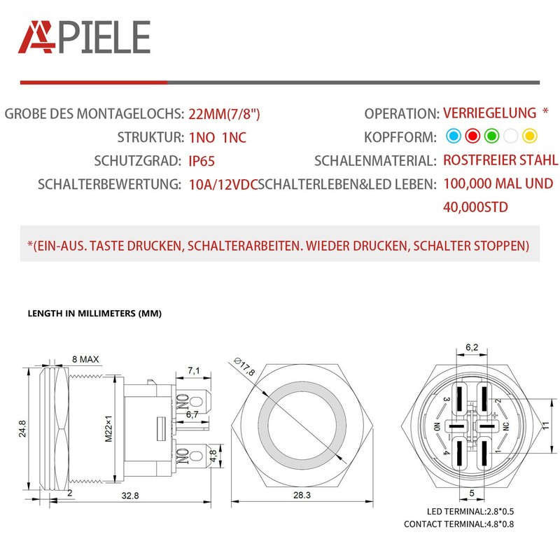 APIELE 22 mm locking pressure switch 12 V DC 10