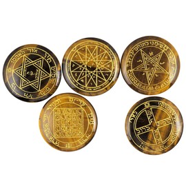 mookaitedecor Tiger's Eye Stone Witches Runes Set of 5, Healing Crystal Solomon Symbols Engraved Reiki Palm Stone Pagan Witch Room Decor Witchcraft Decor Wiccan Gifts for Meditation Amulet Talismans