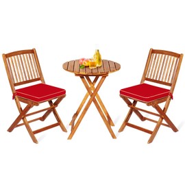 CHEFJOY Bistro Table and Chairs Set of 2, Small Folding Patio Furniture Set with Round Coffee Table & Padded Cushion, 3 PCS Acacia Wood Outdoor Bistro Set for Balcony Porch Garden Backyard (Red)