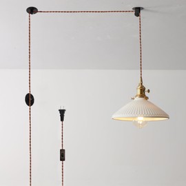 YJQHXY Plug in Ceramic Pendant Lights Fixtures with On/Off Switch, 14.7FT Hanging Lights with Plug in Cord, Adjustable Pendant Lighting Compatible with E26/E27 Bulbs for Living Room, Kitchen Island