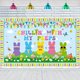 Chillin with My Peeps Backdrop 72''x44'' Large Size Easter Bunny Banner for Happy Easter Bunny Party Supplies Spring Eggs Chicken Party Indoor Outdoor Home Decorations